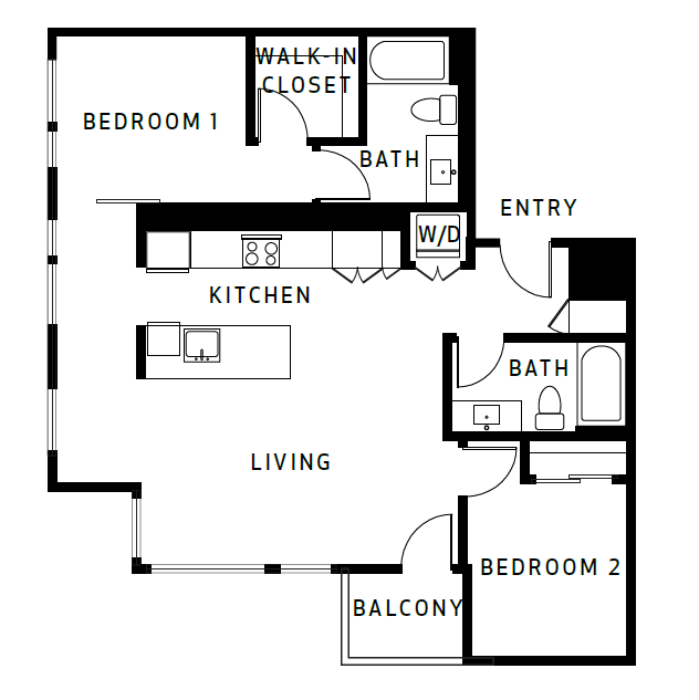Floor plan for 2 beds, 2 baths, 1019 sqft